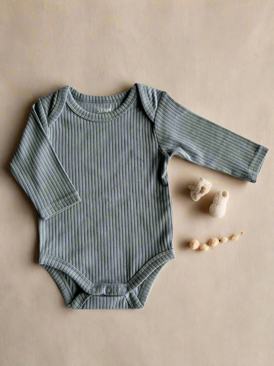 Organic Cotton Ribbed Long Sleeve Bodysuit - Dusky Blue