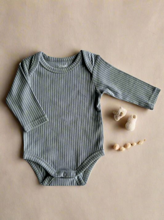 Organic Cotton Ribbed Long Sleeve Bodysuit - Dusky Blue