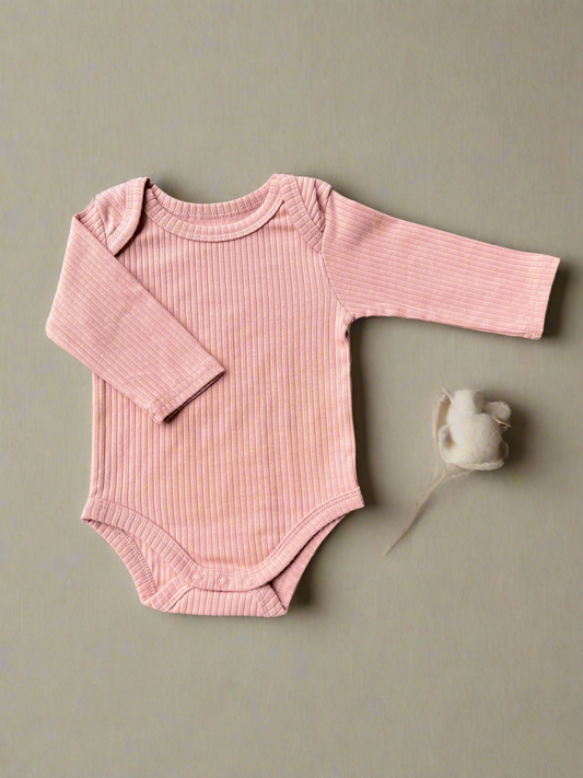 Organic Cotton Ribbed Long Sleeve Bodysuit - Blush Pink