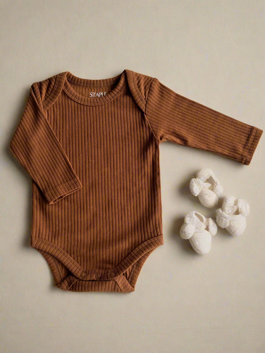 Organic Cotton Ribbed Long Sleeve Bodysuit - Ochre