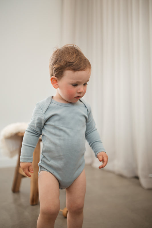 Organic Cotton Ribbed Long Sleeve Bodysuit - Dusky Blue