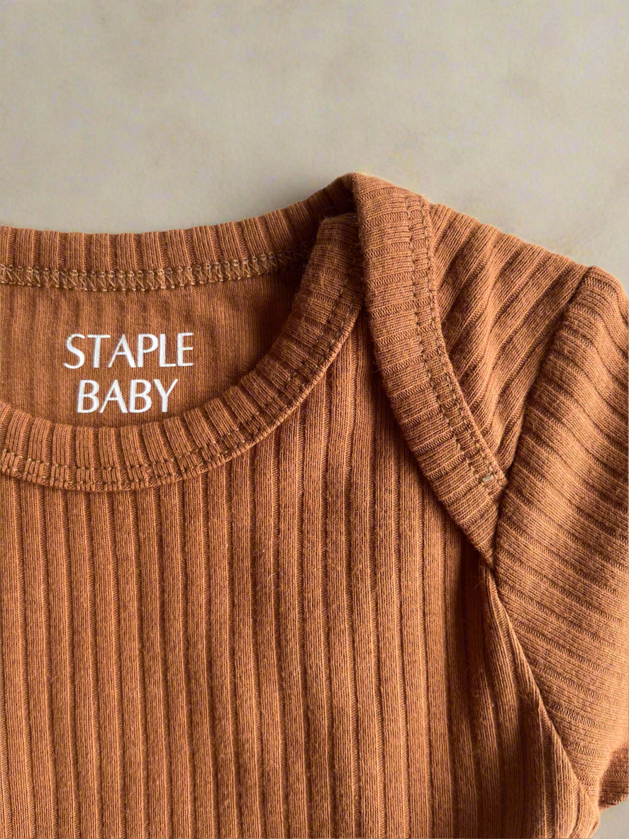 Organic Cotton Ribbed Long Sleeve Bodysuit - Ochre