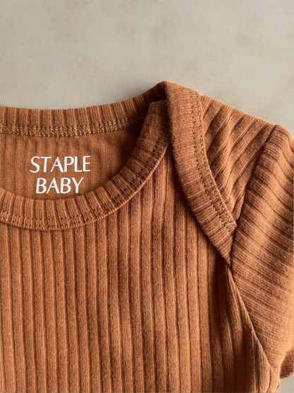 Organic Cotton Ribbed Long Sleeve Bodysuit - Ochre