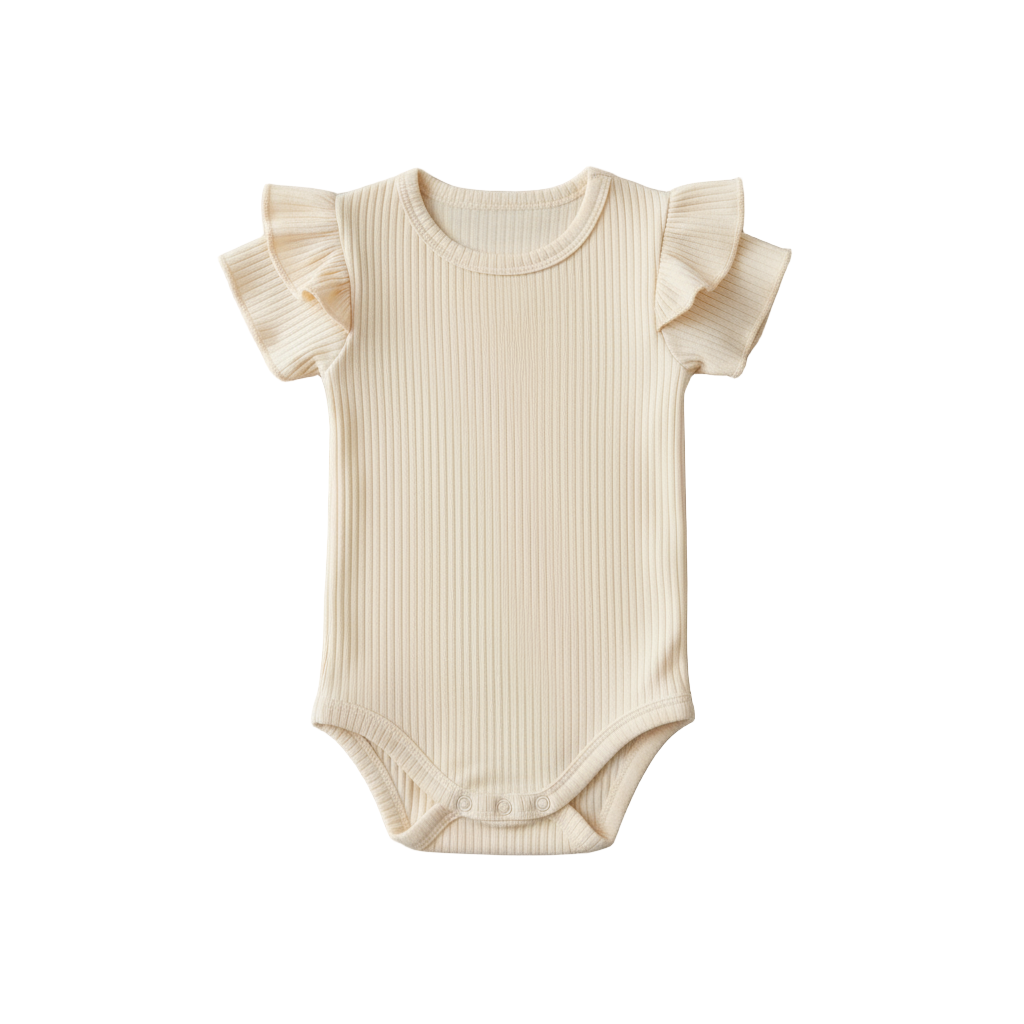 Beige baby onesie with ruffled sleeves on a white background