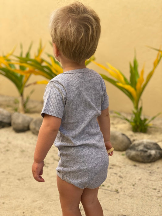 Organic Cotton Ribbed Short Sleeve Bodysuit - Pebble